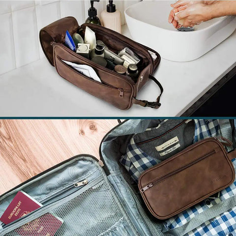 Men's Travel Toiletry Bag With Hella Roomy Compartments, Badass PU Leather Dopp Kit, Water Resistant Grooming Organizer Case For Shaving Essentials And Hygiene Gear In Dark Brown on bathroom counter with toiletry items.