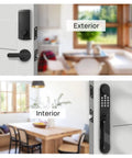 Keyless Entry Door Knob Set Matte Black For Exterior Front Door Reversible For Left Or Right Hand Includes Keyless Passcode Auto Lock 5 Inch Center To Center Durable Exterior Door Lock Handle, shown from interior and exterior angles on a white door
