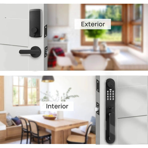 Keyless Entry Door Knob Set Matte Black For Exterior Front Door Reversible For Left Or Right Hand Includes Keyless Passcode Auto Lock 5 Inch Center To Center Durable Exterior Door Lock Handle, shown from interior and exterior angles on a white door
