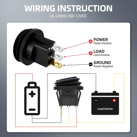 Diagram of 12V Waterproof Round Rocker Switch With Blue LED Light 3 Pin On Off 20A Weatherproof Marine Grade Toggle wiring instructions