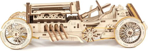 Dope Mechanical Grand Prix Car Wooden 3D Puzzle 348 Parts Build 13.8 Inch Model With Realistic V8 Engine Moving Fan 16 Valves Three Transmission Modes Rubberized Wheels Spring Front Fork Vintage Racer Look side view
