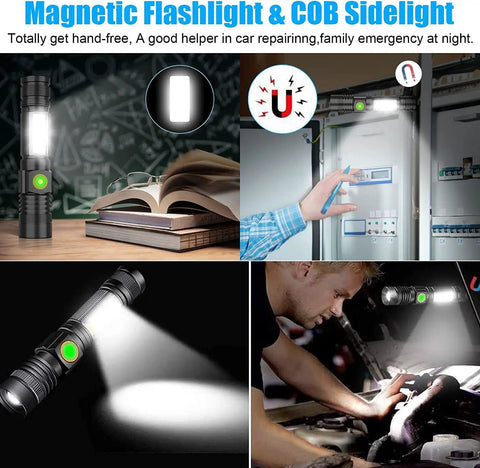 USB Rechargeable Magnetic LED Flashlight with Zoomable Beam used for car repairs and emergencies, compact with COB sidelights.