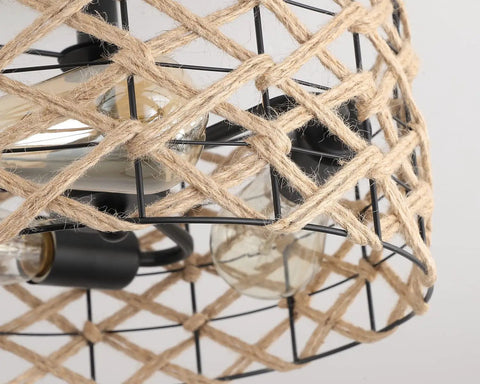 Close-up of 3 Light Rustic Woven Flush Mount Ceiling Light Fixture With Handmade Hemp Rope Cage Industrial Semi Flush Mount detail.