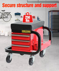 Tool Box With Built In Creeper Seat And Three Drawer Heavy Duty Tool Chest On Four Rolling Casters For Garage Shop Roller