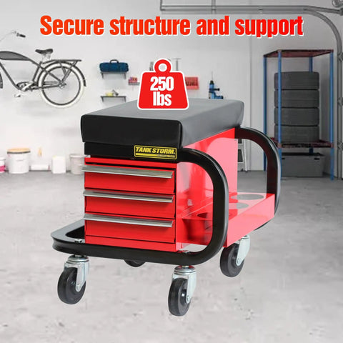Tool Box With Built In Creeper Seat And Three Drawer Heavy Duty Tool Chest On Four Rolling Casters For Garage Shop Roller