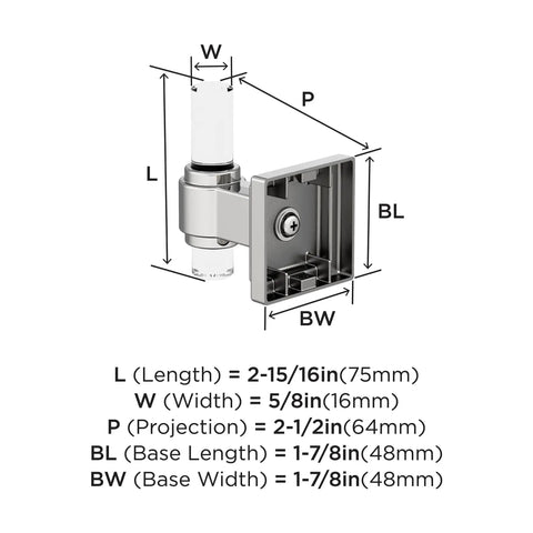 Glacio Clear Chrome Single Robe Hook Towel Holder dimensions diagram showing length, width, and projection. Modern bath accessory.