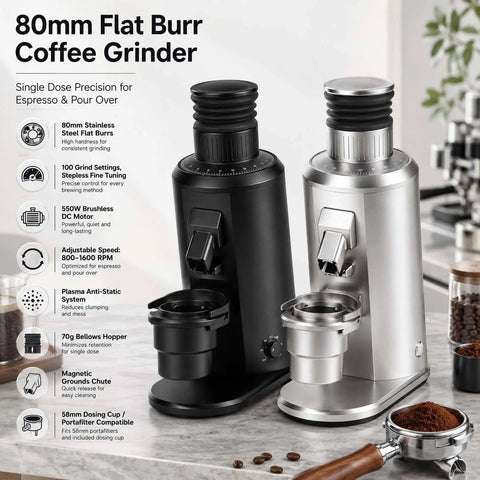 Magnetic Snap Off Single Dose Coffee Bean Grinder 550W Brushless Motor 80Mm Steel Burr Stepless Dial with black and silver finishes.