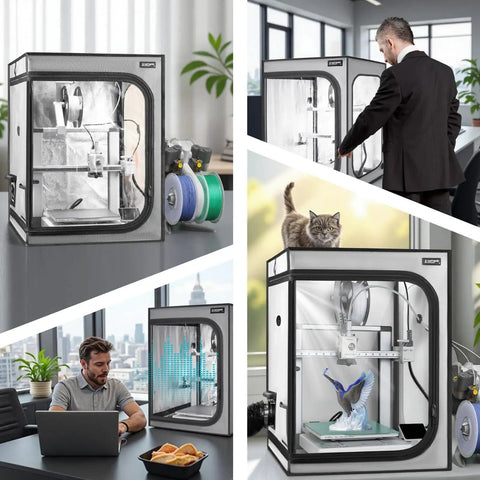 3D Printer Enclosure With Built In Ventilation Kit For Bambu Lab A1 And A1 Mini Combo Fireproof Dustproof Constant Temp Cover With AMS LED Light 520x600x700mm shown in various settings