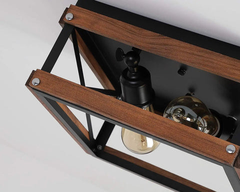 Rustic Farmhouse Two Light Flush Mount Ceiling Light In Black With Metal And Wood Square Frame For Hallway Bedroom Kitchen Entryway Industrial Vintage Style