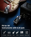 2.4GHz Wireless Guitar System with 6 Channels and Rechargeable Transmitter Receiver connected to guitar and amp