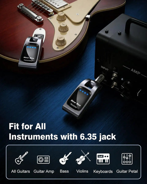 2.4GHz Wireless Guitar System with 6 Channels and Rechargeable Transmitter Receiver connected to guitar and amp