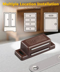 4 Pack Cabinet Magnetic Catch Set For Doors And Drawers Brown shown with mounting options and strike plate on table