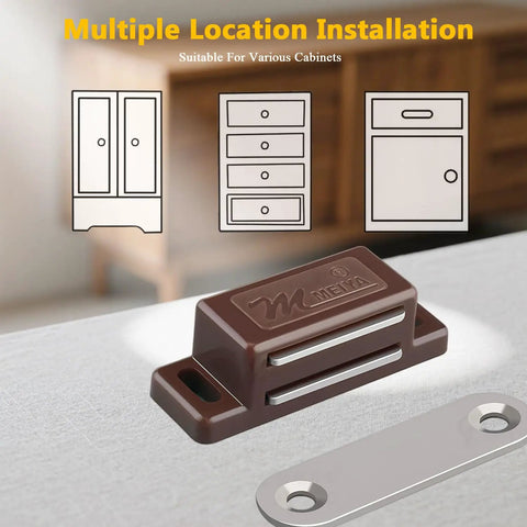 4 Pack Cabinet Magnetic Catch Set For Doors And Drawers Brown shown with mounting options and strike plate on table