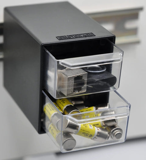 Two-Drawer Control Panel Organizer for DIN Rail Or Flat Surface With One-Click Toolless Install, holding fuses and USB drives.