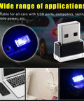 USB Car Interior Atmosphere Light Kit, 4 Pack Plug In Ambient LED Night Lamps, shown illuminating and in USB port