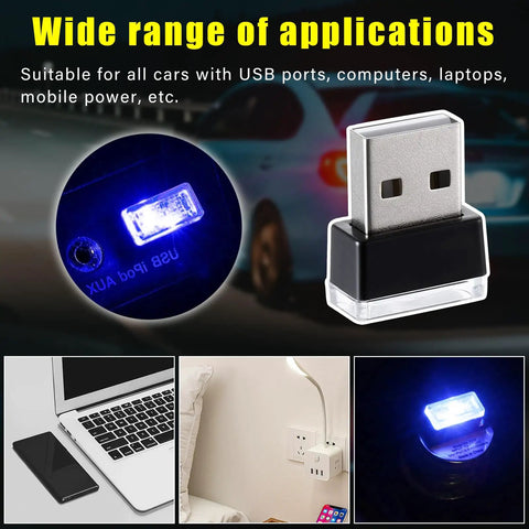 USB Car Interior Atmosphere Light Kit, 4 Pack Plug In Ambient LED Night Lamps, shown illuminating and in USB port