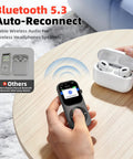 Dope 128GB Bluetooth 5.3 MP3 Player With Built-In Speaker placed next to wireless earbuds on a wooden table.