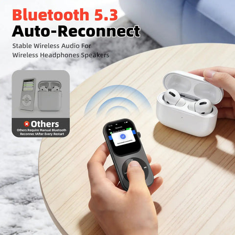 Dope 128GB Bluetooth 5.3 MP3 Player With Built-In Speaker placed next to wireless earbuds on a wooden table.