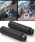 Three Eighths Inch Aluminum Bike Pegs Set With 26 Teeth Anti Skid Foot Pedals For BMX MTB Road And Track Bikes Grind Ready Stunt Pegs For Front And Rear Axles Two Pieces shown during installation on bike axle with close-up of knurled texture and black finish.