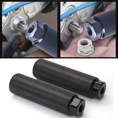 Three Eighths Inch Aluminum Bike Pegs Set With 26 Teeth Anti Skid Foot Pedals For BMX MTB Road And Track Bikes Grind Ready Stunt Pegs For Front And Rear Axles Two Pieces shown during installation on bike axle with close-up of knurled texture and black finish.