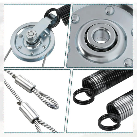 Collage of Beefed Up Heavy Duty Garage Door Extension Spring Replacement Kit with pulleys, cables, and springs.