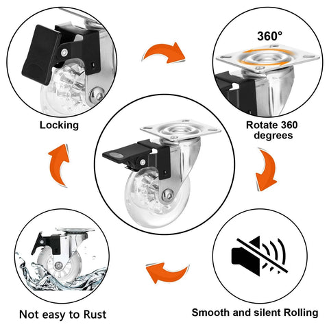 Set of four 3-inch clear swivel caster wheels with locking brakes and black mounting plate, polyurethane wheels