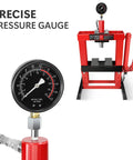 Heavy Duty 12 Ton Hydraulic H Frame Shop Press For Garage Floor And Benchtop Use With Adjustable Bed Stamping Plates Pressure Gauge And Manual Hand Pump Red with close-up of precise pressure gauge.