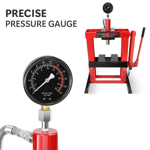 Heavy Duty 12 Ton Hydraulic H Frame Shop Press For Garage Floor And Benchtop Use With Adjustable Bed Stamping Plates Pressure Gauge And Manual Hand Pump Red with close-up of precise pressure gauge.