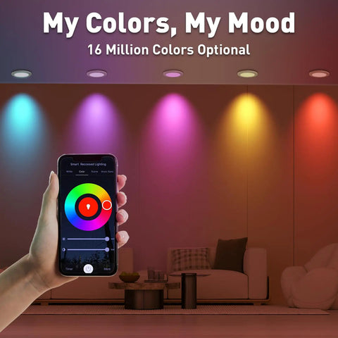 Smartphone controlling Ultra Thin 6 Inch Recessed LED Lights 6 Pack RGBCW With Junction Box 13W 1100 Lumens, color changes on ceiling