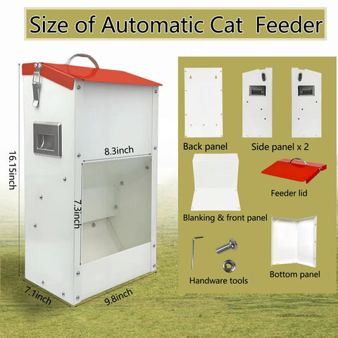 Heavy Duty Gravity Automatic Pet Feeder Galvanized Steel Food Trough Auto Refill Dispenser size illustration with dimensions.