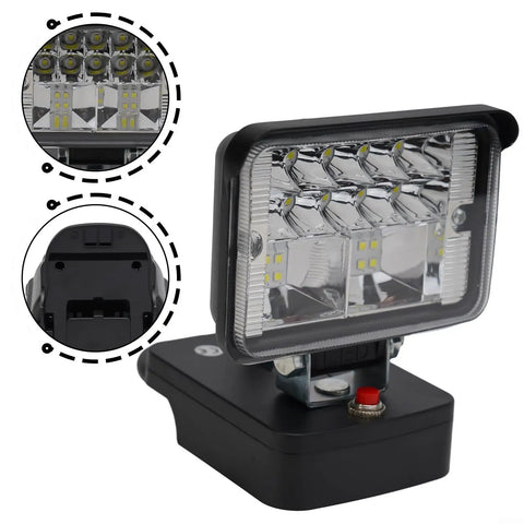 Close-up view of 18V Cordless LED Work Light 30W High Lumen Floodlight with LED chips and control switch.