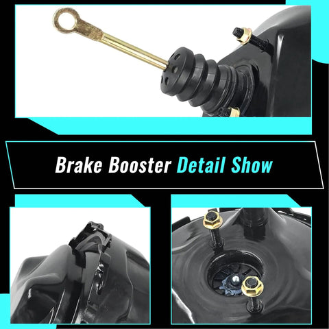 Heavy Duty Vacuum Power Brake Booster Top Shelf Replacement Drop Right In Fitment For Chevrolet Gmc C1500 C2500 K1500 K2500 close-up details showing black steel construction and components.