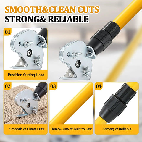 Stand Up Carpet Cutter Tool With 4 Replacement Blades Heavy Duty Roller Telescoping Fiberglass Handle Extends 50 To 85 Inches For Glue Down Removal And Rug Cutting For Pros And DIYers, precision cutting head