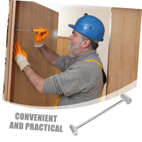 Person using Heavy Duty Adjustable Hinge Wrench Kit for door hinge repair and alignment DIY level precision gap adjuster tool set.