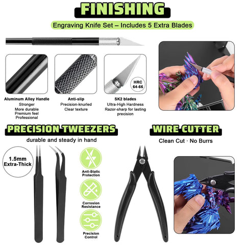 34-piece 3D printer tools kit for FDM/SLA printers, nozzle cleaners, scrapers, files, wire cutter, engraving knife