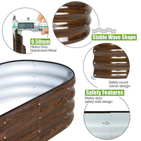 Close-up of Galvanized Raised Garden Bed 4x2x1 Ft Oval Metal Planter Box showing wave shape, safety features, and 0.5 mm metal