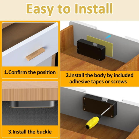 Installation steps for RFID NFC Smart Cabinet Lock With Bluetooth App for hidden drawer lock on kitchen pantries and furniture cabinets.