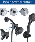 Matte Black High Pressure Shower System With Six Setting Rain Shower Head And Handheld Combo detail showing toggle control button