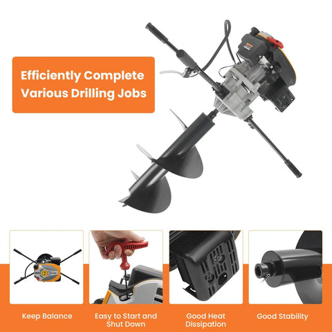 Gas Powered Post Hole Digger With 173cc Engine, 9HP Earth Auger, Four Handles, Drill Bit Included, Built Tough