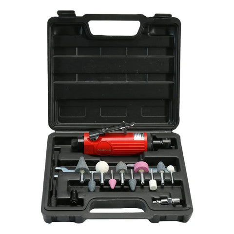 Shop Grade 1/4 Inch Pneumatic Straight Die Grinder With 22000 RPM Rapid Spin Rear Exhaust, included accessories in case.