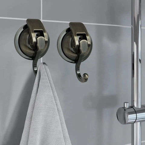 Heavy Duty Shower Suction Cup Hooks Bronze 2 Pack No Drill No Holes Reusable Glass Hangers for Robes Garlands and Bath Accessories Durable