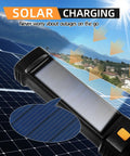 Two Pack LED Rechargeable Flashlights Solar Powered with USB C showing solar panel charging against blue sky