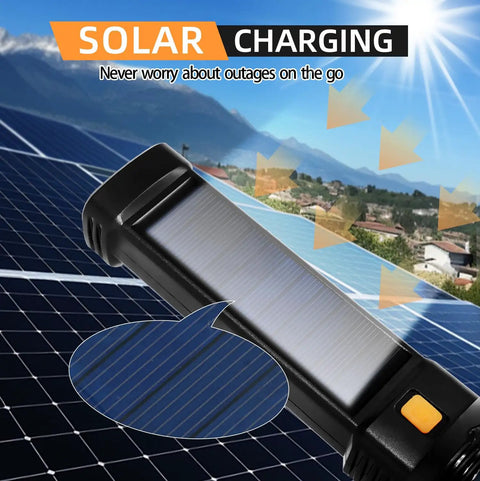 Two Pack LED Rechargeable Flashlights Solar Powered with USB C showing solar panel charging against blue sky
