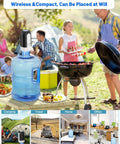 Outdoor BBQ scene with Portable USB Powered Water Pump For 3 To 5 Gallon Jugs, Electric Drinking Water Dispenser shown on the ground