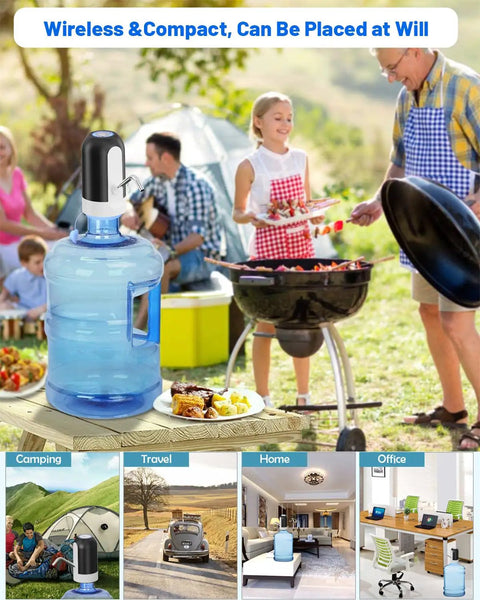 Outdoor BBQ scene with Portable USB Powered Water Pump For 3 To 5 Gallon Jugs, Electric Drinking Water Dispenser shown on the ground
