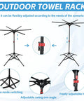Diagram of Outdoor Pool Towel Rack, Freestanding 42 to 71 Inch Adjustable Stand with four legs, adjustable height and foldable arms.