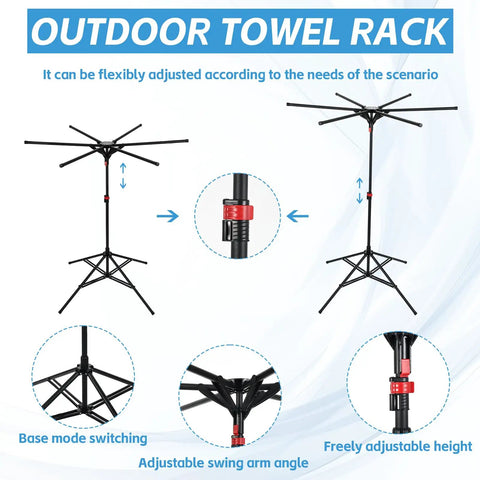 Diagram of Outdoor Pool Towel Rack, Freestanding 42 to 71 Inch Adjustable Stand with four legs, adjustable height and foldable arms.