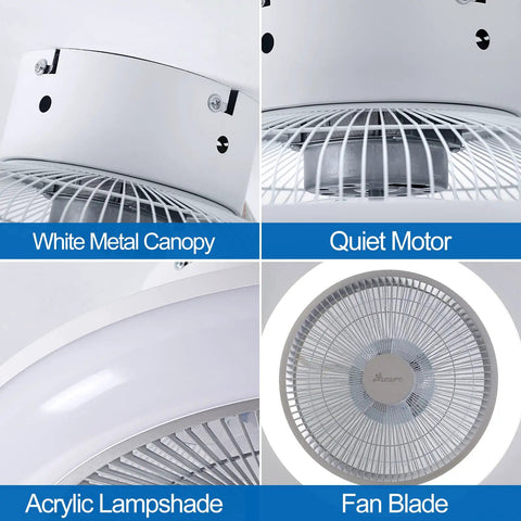 18 Inch Caged Ceiling Fan With Light Kit Low Profile Flush Mount 3 Speeds 3 Light Color Options, canopy and fan details