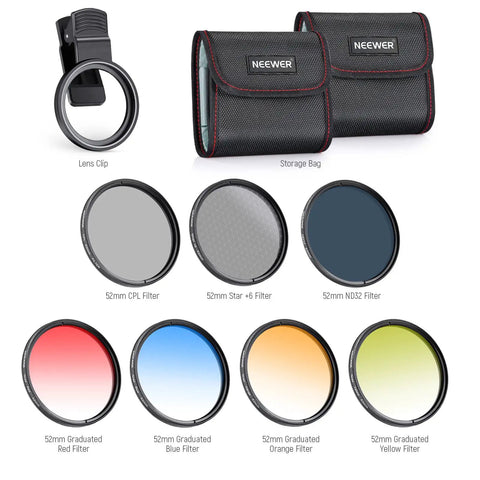 52mm ND CPL Starburst Filter Set With Phone Lens Clamp For iPhone And Canon Nikon Sony Cameras Includes Four Graduated Color Filters In Red Orange Yellow Blue Plus Polarizer And Starburst Effect showcasing filters and storage bag