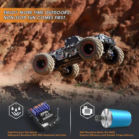 Off Road 1 By 12 Scale Brushless RC Monster Truck 4X4 Beasts With 55 KMH Top Speed jumping on rough terrain